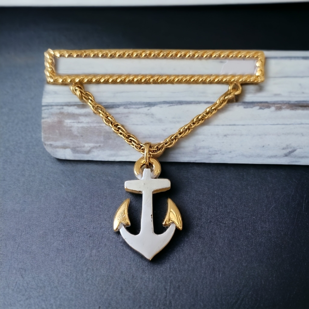 Vintage Trifari Nautical Anchor Enamel Bar Brooch Pin